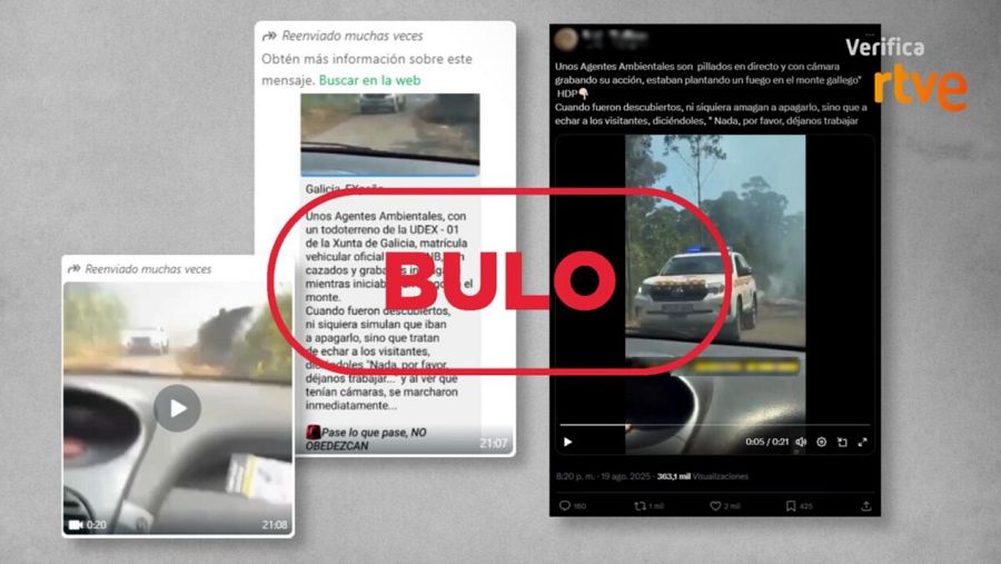 Mensajes de redes sociales que difunden el bulo de que agentes ambientales intentar provocar un fuego en Galicia