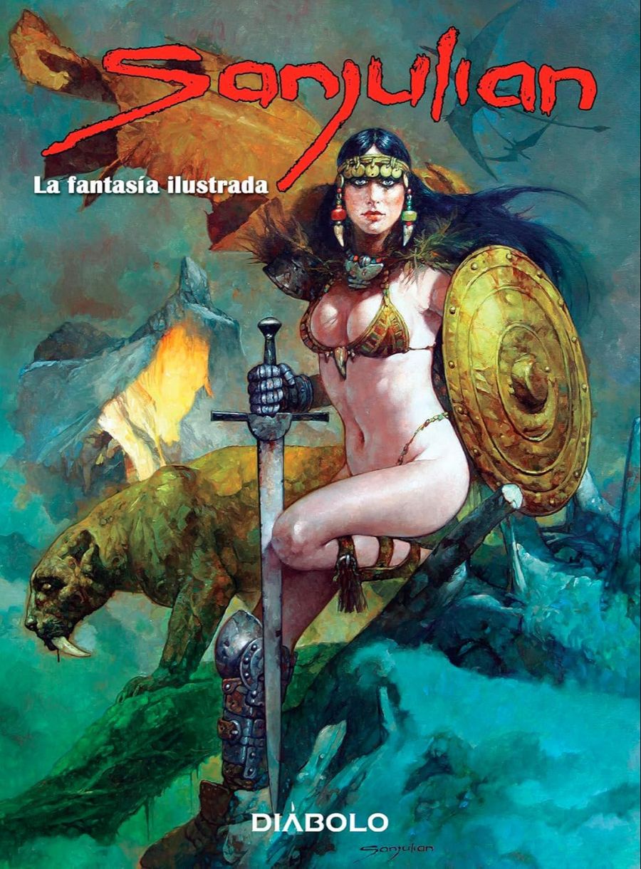 Guerrera con armadura, espada y escudo, junto a un felino, en un paisaje montañoso. Portada del cómic 