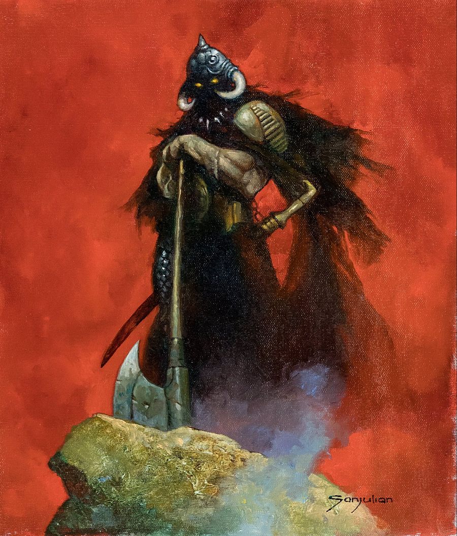 Guerrero con casco con cuernos y hacha, musculoso, con armadura parcial y vestimenta oscura, en fondo rojo. Firma 