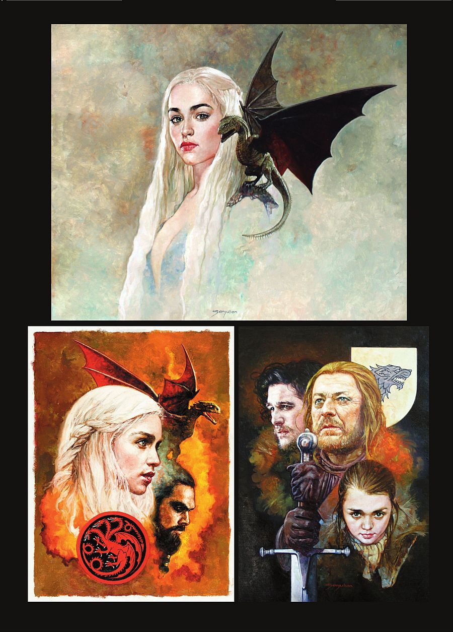 Ilustraciones de Sanjulian para 'Sanjulian. La fantasía ilustrada', con Daenerys Targaryen, dragones, Khal Drogo (posiblemente), Jaime Lannister, Jon Nieve y Arya Stark, incluyendo emblemas de las casas Targaryen y Stark.