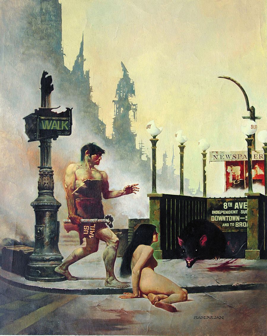 Imagen de cómic: hombre musculoso y mujer desnuda en escena postapocalíptica con una rata ensangrentada.  Señales de tráfico y edificios en ruinas al fondo.