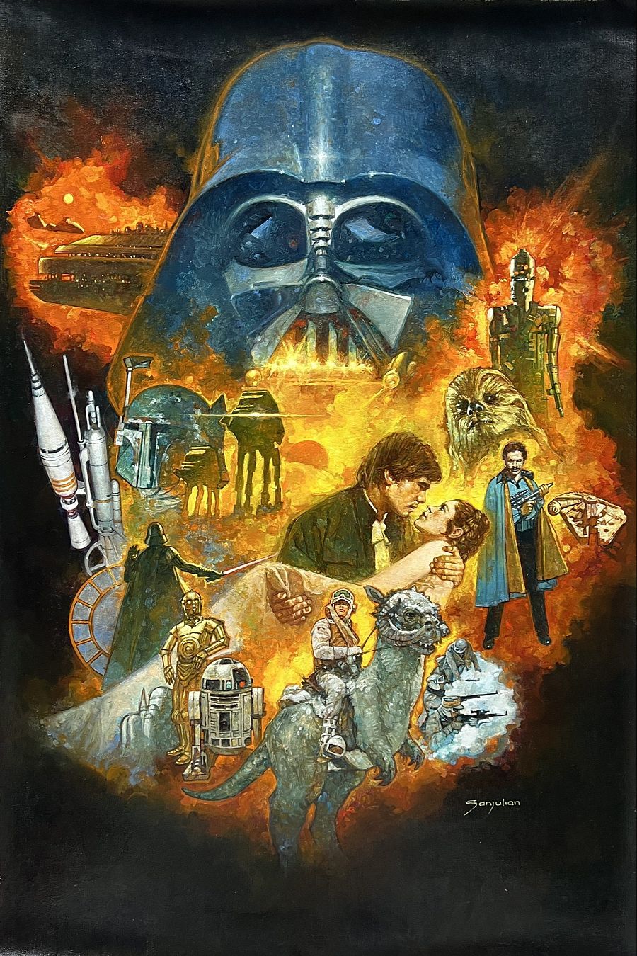 Ilustración de Star Wars con Darth Vader, Han Solo, Leia, Chewbacca, C3PO, R2D2, Boba Fett y Luke Skywalker, en estilo pictórico con colores vibrantes.