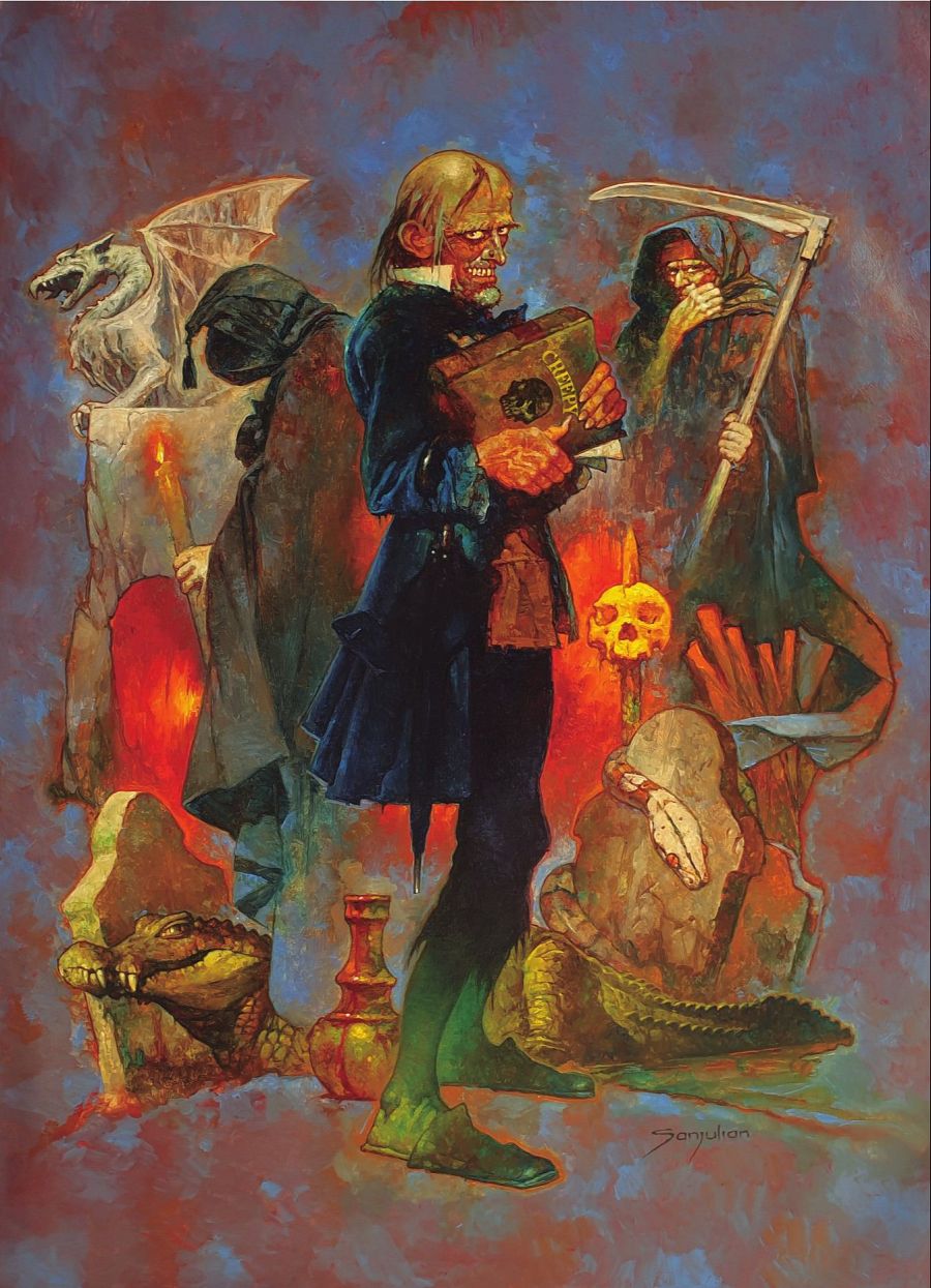 Ilustración de fantasía oscura con un hechicero, la muerte, un dragón espectral y un cocodrilo;  ambiente de ritual mágico con libro de hechizos y calavera.