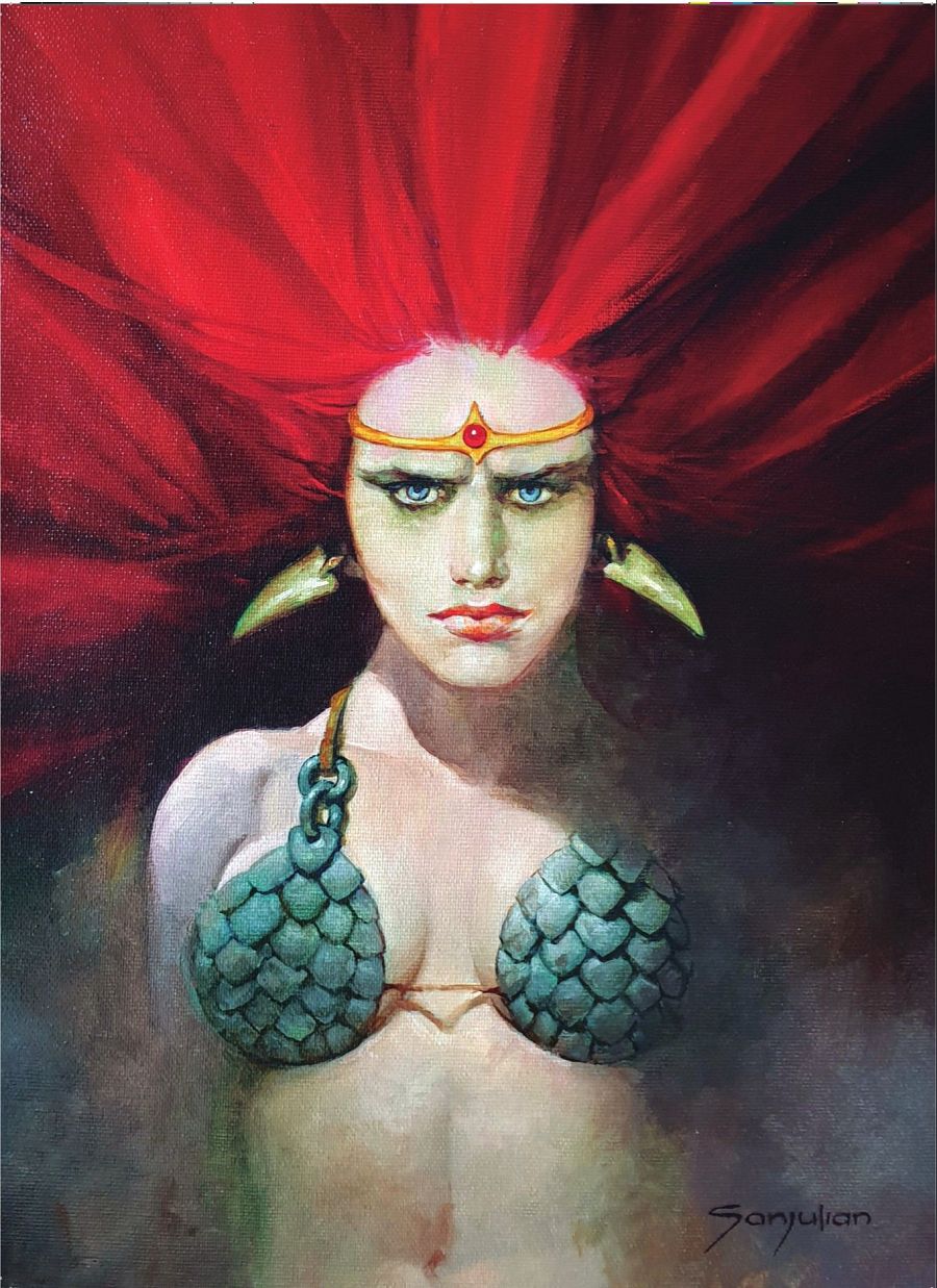 Personaje femenino de fantasía con cabello rojo, piel verdosa, ojos azules y diadema dorada.  Adornos en orejas y top con textura de escamas. Firma 'Sanjulian'.
