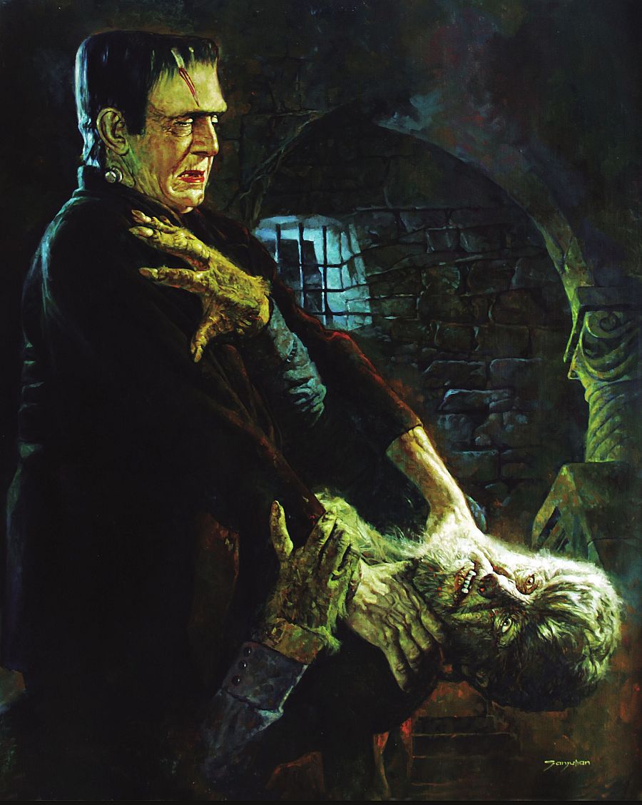 Ilustración de Sanjulian que muestra una lucha violenta entre Frankenstein y un hombre lobo en un ambiente oscuro y opresivo, con detalles como una ventana enrejada y una figura esculpida en la pared.