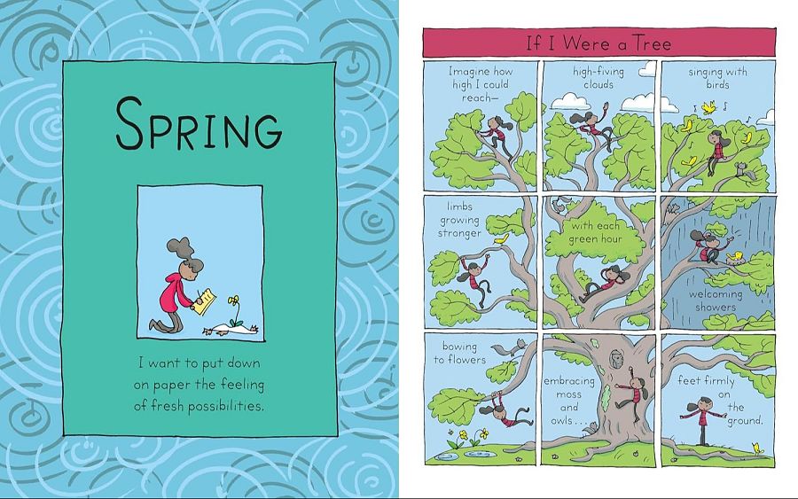 Doble página de cómic con ilustración de persona dibujando y cómic de nueve viñetas donde se imagina como árbol, realizando acciones como trepar, cantar con pájaros o abrazar el tronco.