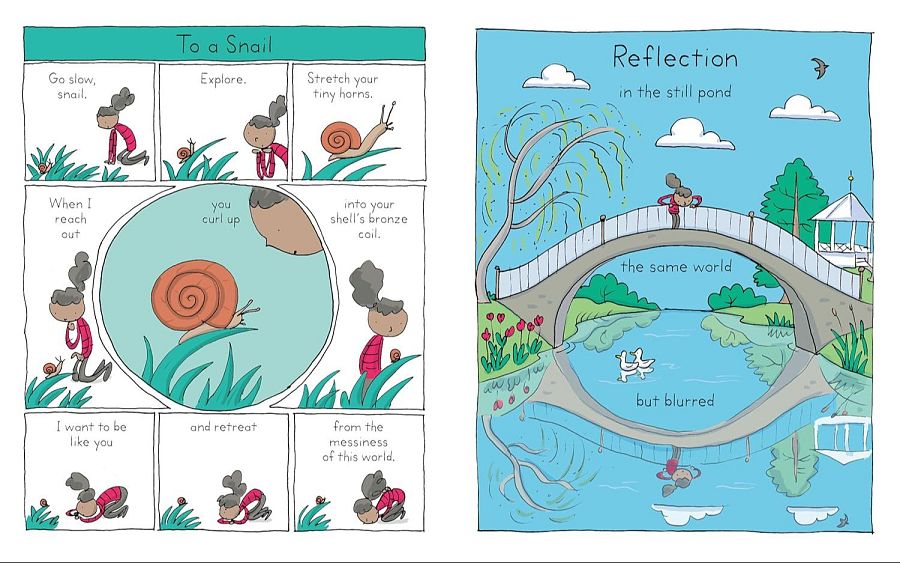 Ilustraciones de un libro infantil: cómic sobre niña y caracol con texto simple, y escena de reflejo en estanque con niña en puente.  Temas de introspección y naturaleza.