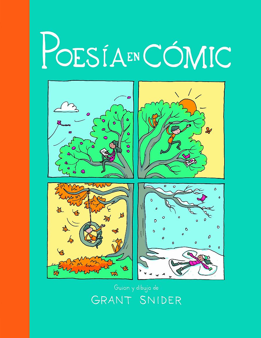 Portada de cómic con cuatro viñetas que muestran las estaciones del año, un personaje y un árbol como elementos principales.