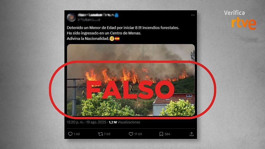 Mensaje de redes que asegura falsamente que el menor detenido en Galicia como presunto autor de varios incendios es extranjero