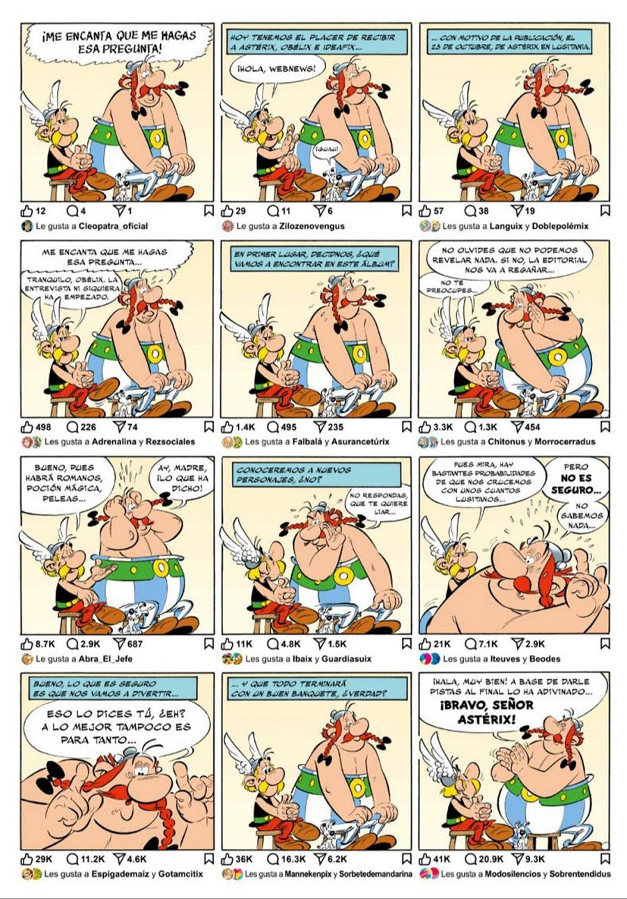 Viñetas de cómic simulando publicaciones en redes sociales, promocionando un nuevo álbum con personajes conocidos, detalles de la trama y ambientación en Iberia, lanzamiento en octubre.