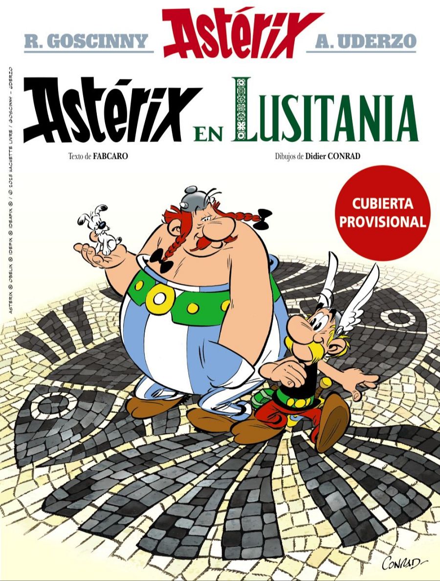 Portada provisional de cómic con Astérix, Obélix e Idéfix.  Autores originales y actuales indicados.  Diseño con motivos romanos.