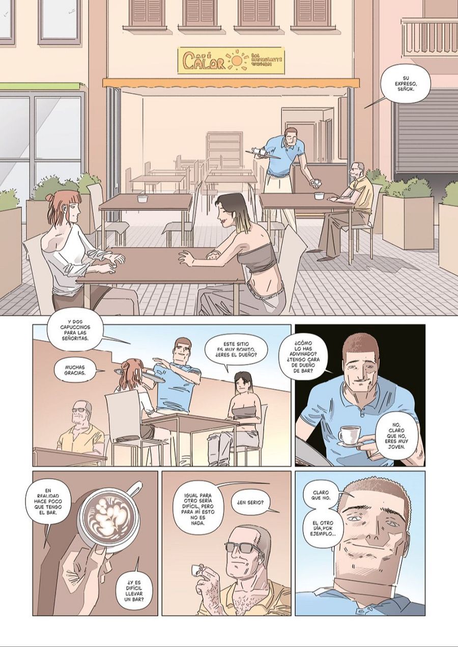 Viñetas de un cómic mostrando escenas en un café, con diálogos entre clientes y camareros.  Se observa la interacción de varios personajes y conversaciones sobre la propiedad del local.