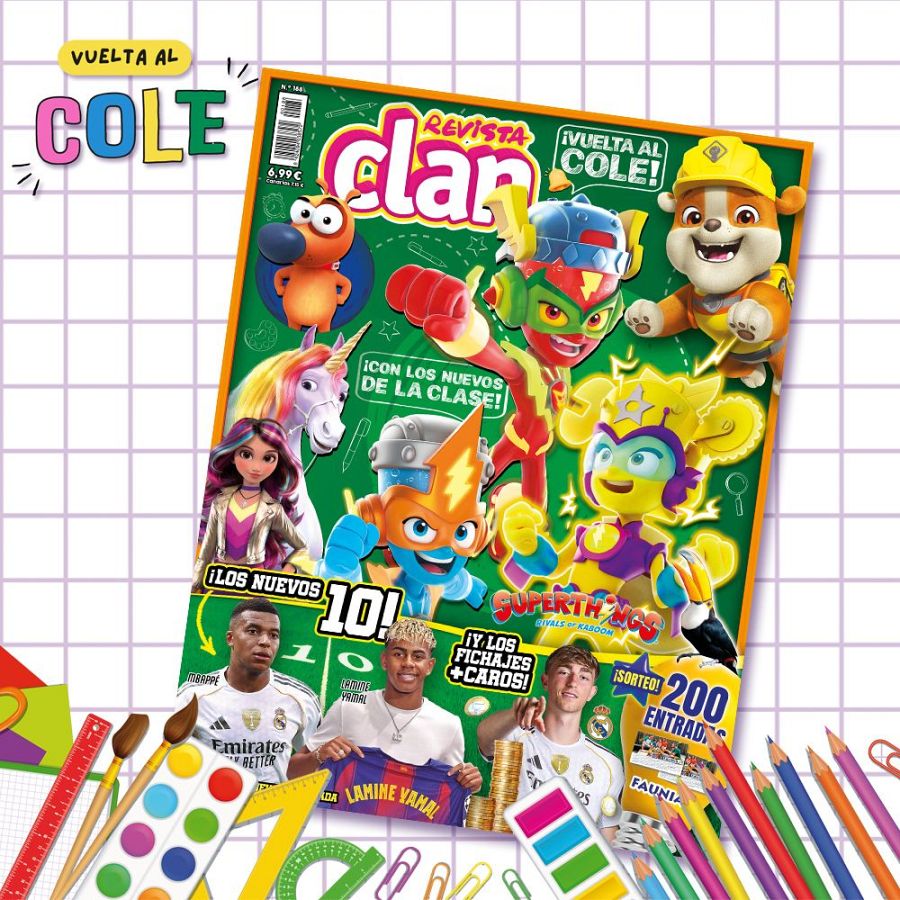 Portada vibrante de revista infantil con temática 'vuelta al cole', mostrando personajes animados, futbolistas (uno de ellos Lamine Yamal), y anuncios de sorteo y precio (6,99€).