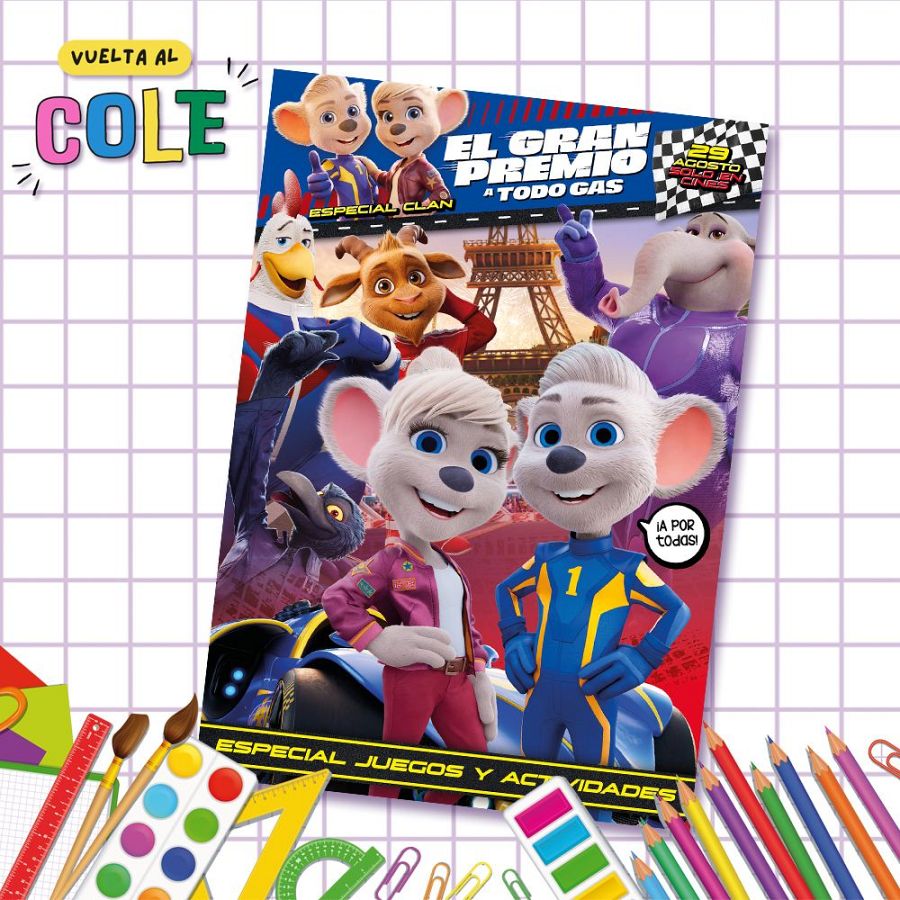 Portada de revista infantil con personajes animados en trajes de carreras,  anunciando un especial de cine y actividades para la vuelta al cole. Fondo cuadriculado lila y blanco.