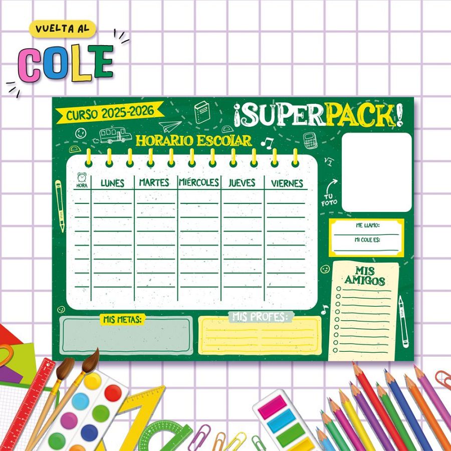 Horario escolar con diseño de pizarra, para rellenar asignaturas, metas y datos personales. Incluye espacio para foto y nombres de amigos.  Vuelta al cole 2025-2026.