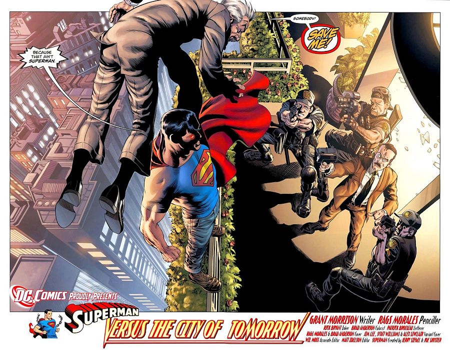 Superman salva a un hombre que cae de un edificio, mientras es atacado.  La escena muestra tensión y cuestiona la identidad del héroe.