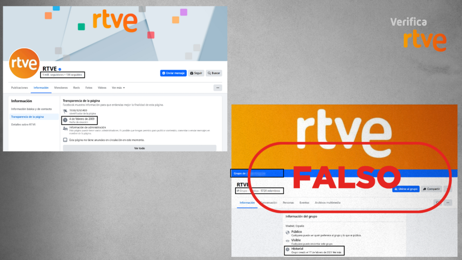 A la izquierda, el perfil oficial de RTVE en Facebook y, a la derecha, el grupo que suplanta su identidad