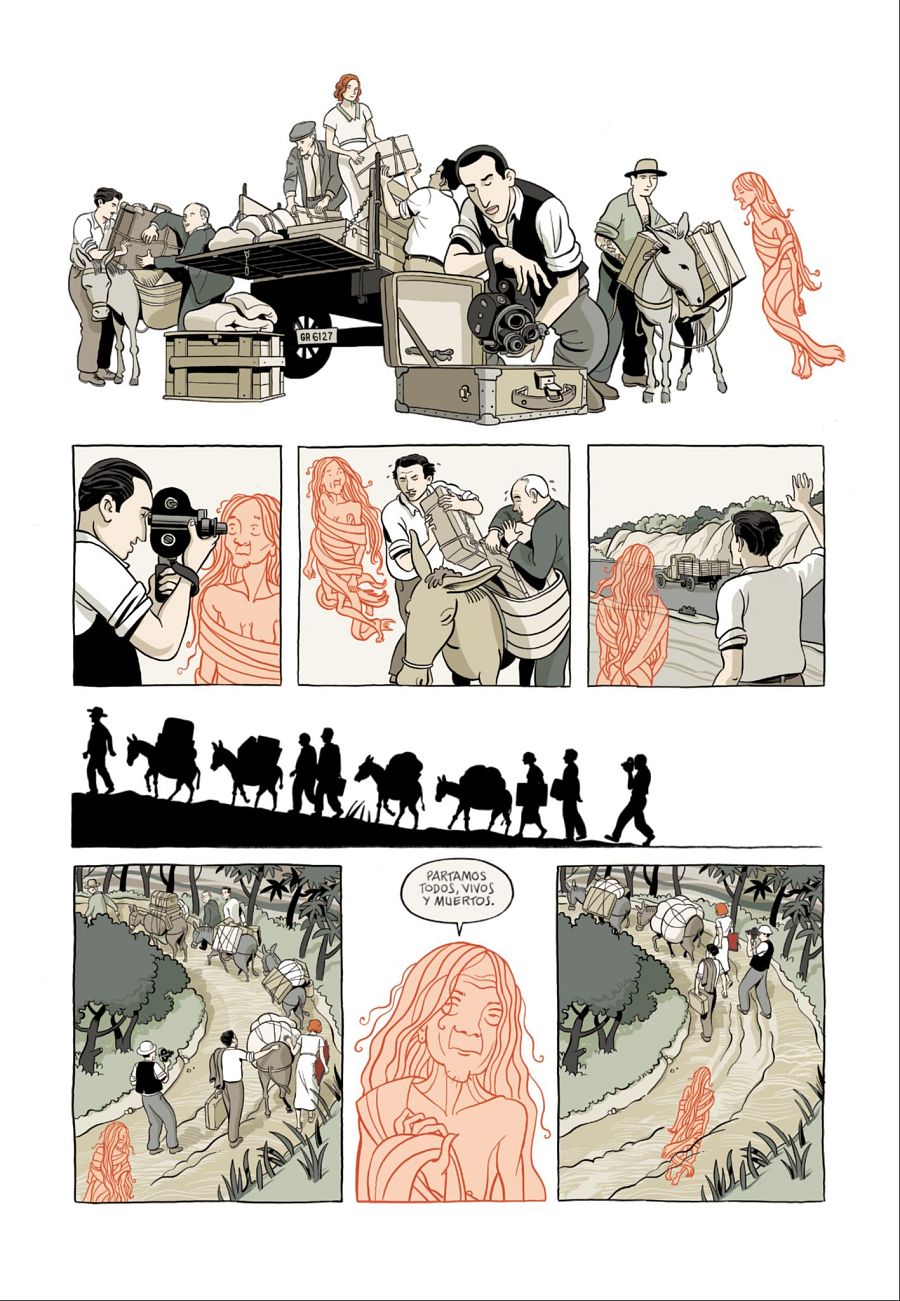 Viñetas de un cómic mostrando carga de objetos, filmación de una figura fantasmal femenina y una migración; texto: 'Partamos todos, vivos y muertos'.