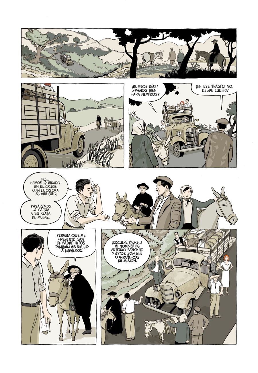 Seis viñetas muestran un viaje rural con mulas y un coche antiguo, personajes interactuando (incluido un sacerdote), y la transferencia de carga entre mulas y un camión.