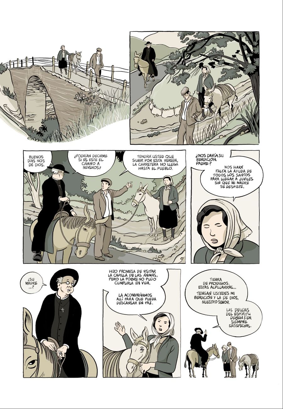 Seis viñetas de un cómic muestran un viaje por un paisaje árido, con personajes a pie y en burro, diálogos entre un sacerdote y una mujer, y referencias a lugares como Neveros y Juviles.