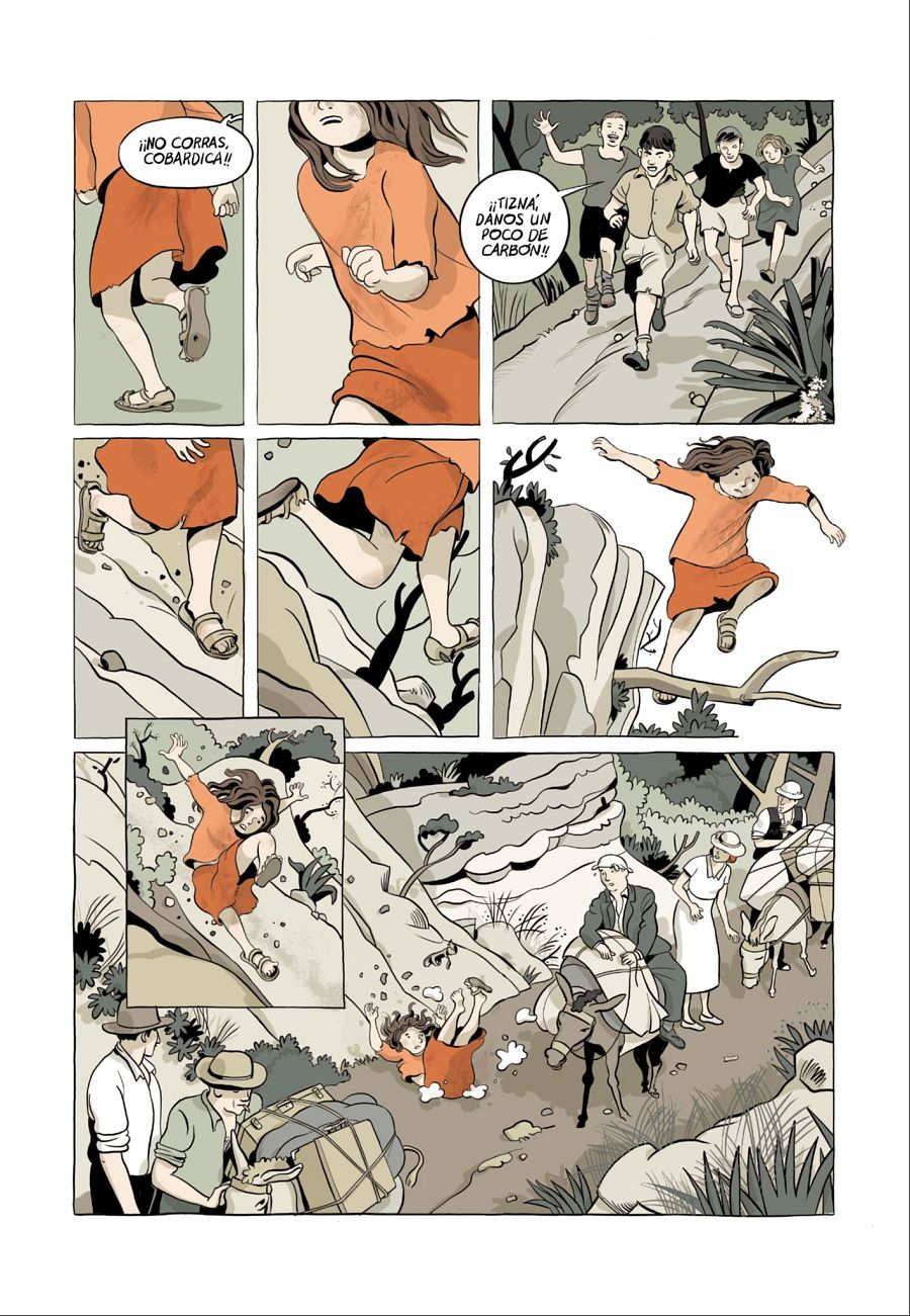 Niña huye, perseguida, cae y llega a viajeros con burros en paisaje rural.  Vestido naranja.