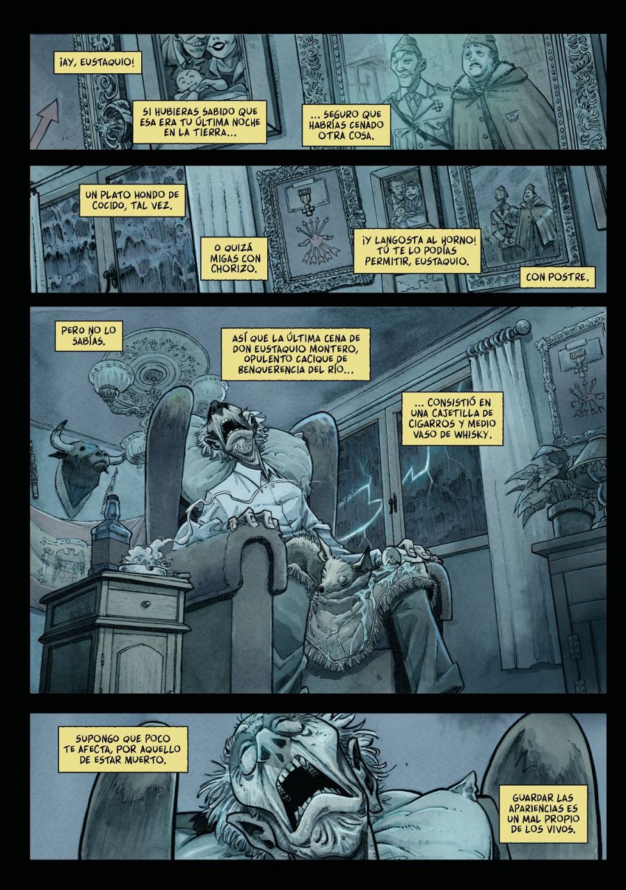 Viñetas de cómic mostrando a un personaje, posiblemente Don Eustaquio, en su sillón, con comentarios sobre su frugal última cena, contrastando con su riqueza aparente.