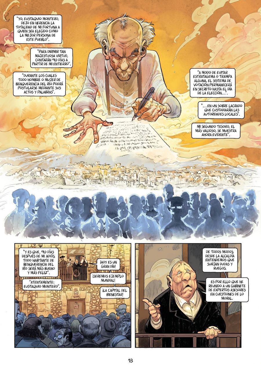 Cuatro viñetas muestran el testamento de un anciano que deja su fortuna a la 'mejor persona' del pueblo, la reacción de los habitantes y la posterior celebración de un supuesto éxito colectivo.