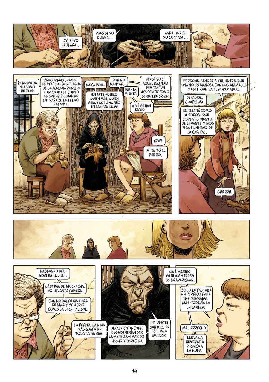 Varias viñetas muestran conversaciones entre mujeres en un pueblo, comentando sobre un incendio, enfermedades y la vida de una niña.  Se observa un ambiente de intriga y cotidianidad.