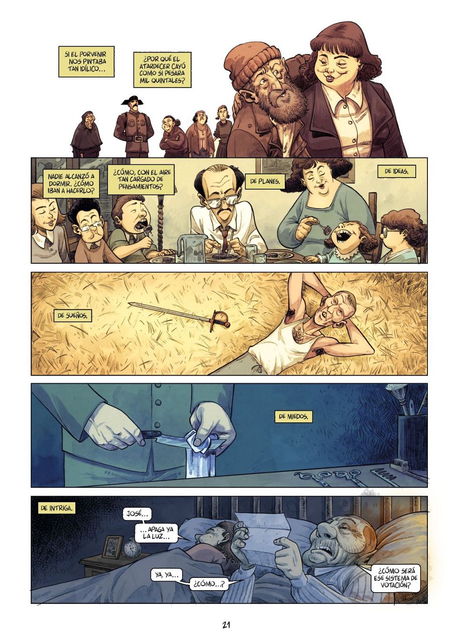 Cinco viñetas de un cómic muestran escenas nocturnas con diálogos que expresan inquietud, planes, sueños, miedos e intriga.