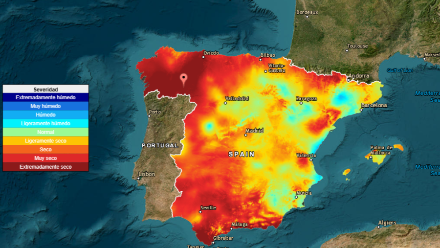 Índice SPEI (periodo 3 meses) en la segunda semana de agosto. Extremadamente seco en la zona de Ourense-León-Zamora