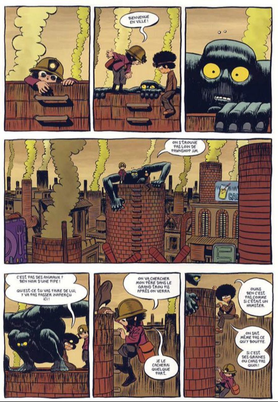 Seis viñetas de cómic muestran a dos personajes ante una criatura oscura en una ciudad industrial; diálogos en francés describen la situación y sus reacciones.