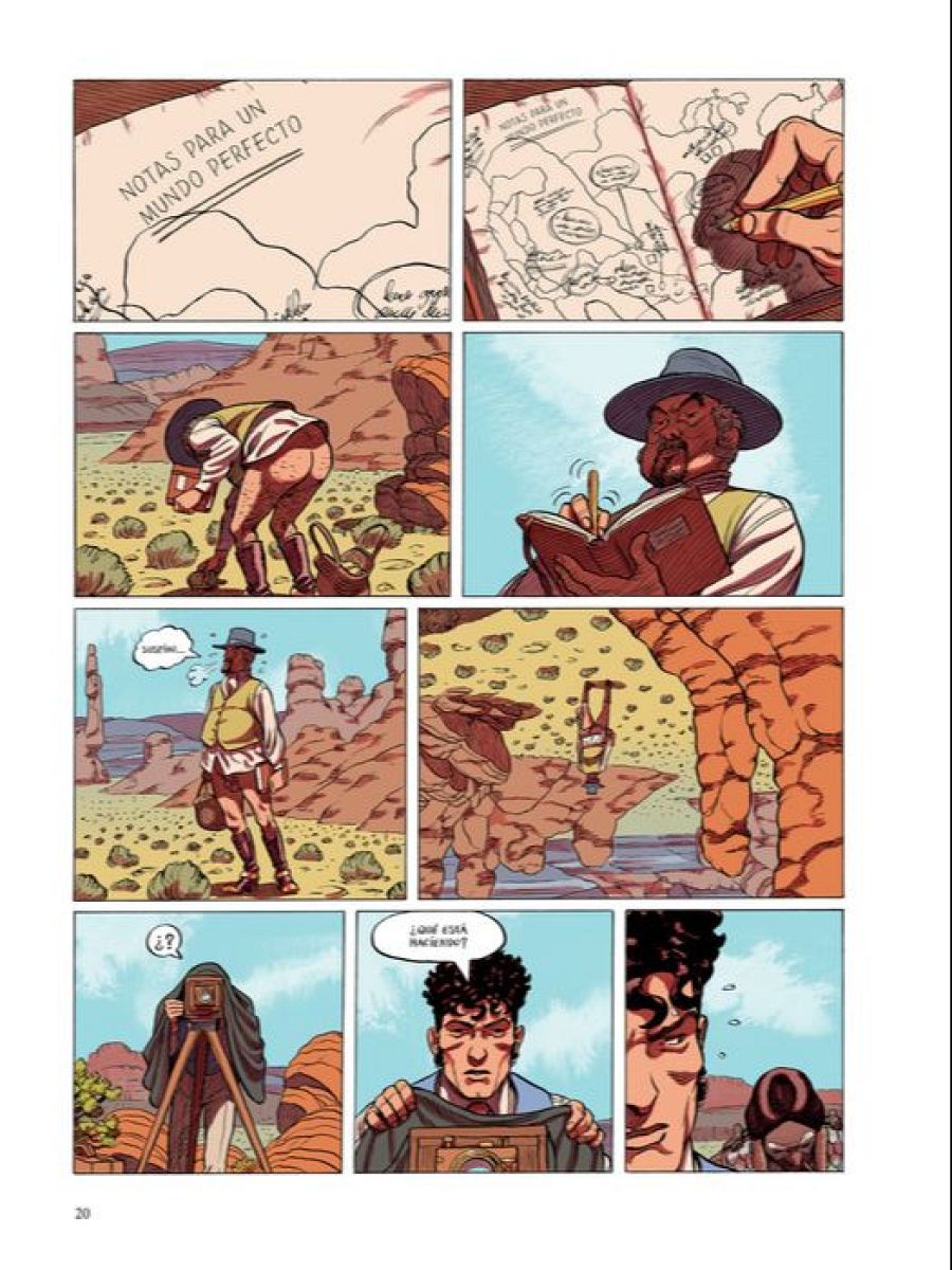 Página de cómic con seis viñetas que muestran escenas enigmáticas: hombre plantando, escribiendo en cuadernos, observando a distancia y usando una cámara antigua.  La página 20 presenta una narrativa visual intrigante.