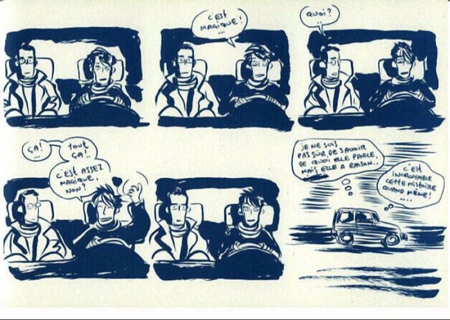 Cómic: Seis viñetas muestran a dos personajes con gafas en un coche; el conductor describe algo como 