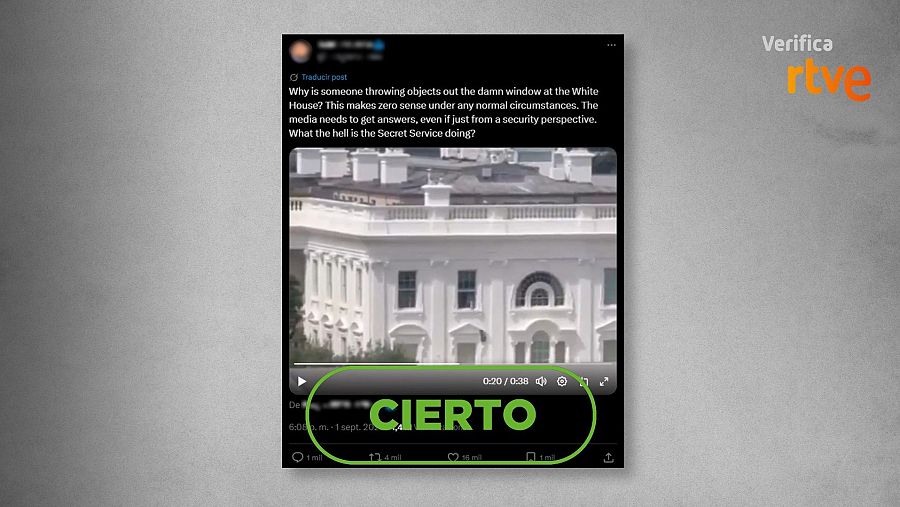 Mensaje de X que comparte el vídeo de unas bolsas lanzadas por una ventana de la Casa Blanca