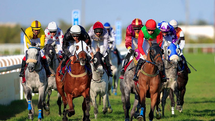 Carrera de caballos a toda velocidad en un hipódromo. Jinetes con cascos y chaquetillas de colores brillantes sobre caballos grises y marrones.