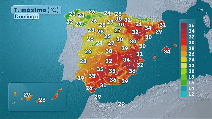 Previsión de las temperaturas máximas en la península e islas para el domingo 7 de septiembre