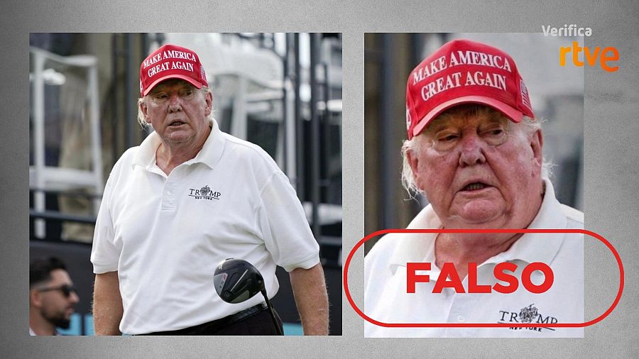 A la izquierda, la fotografía de Trump publicada por AP en 2022 y, a la derecha, la imagen manipulada