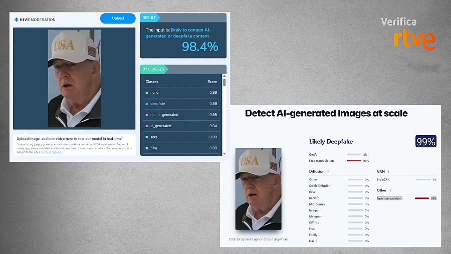 Análisis de las herramientas Hive Moderation y SightEngine de la fotografía de Trump creada con IA
