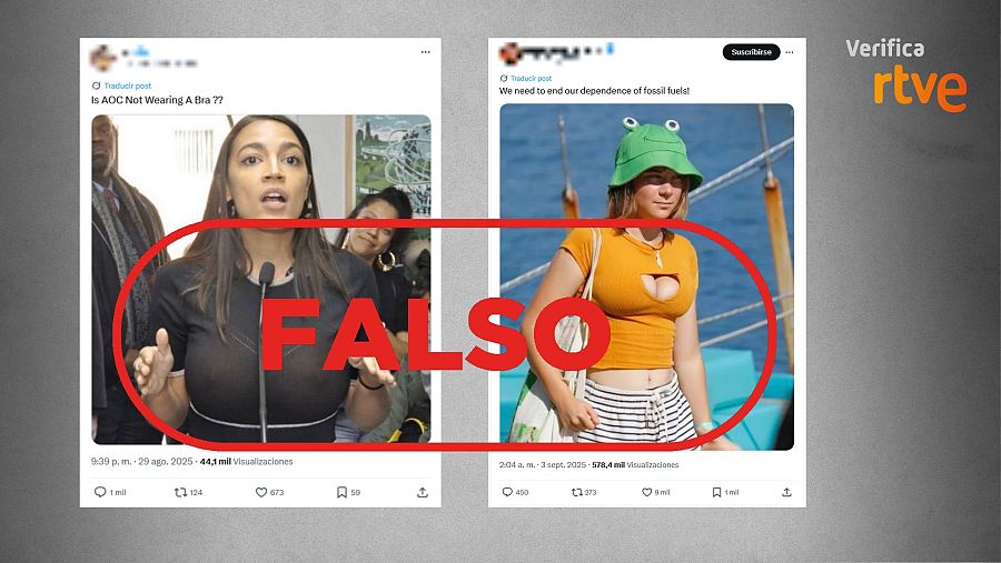 Mensajes de X que comparten las imágenes falsas generadas con IA de Alexandria Ocasio-Cortez y Greta Thunberg