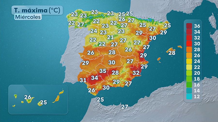Mapa de las temperaturas máximas en España este miércoles