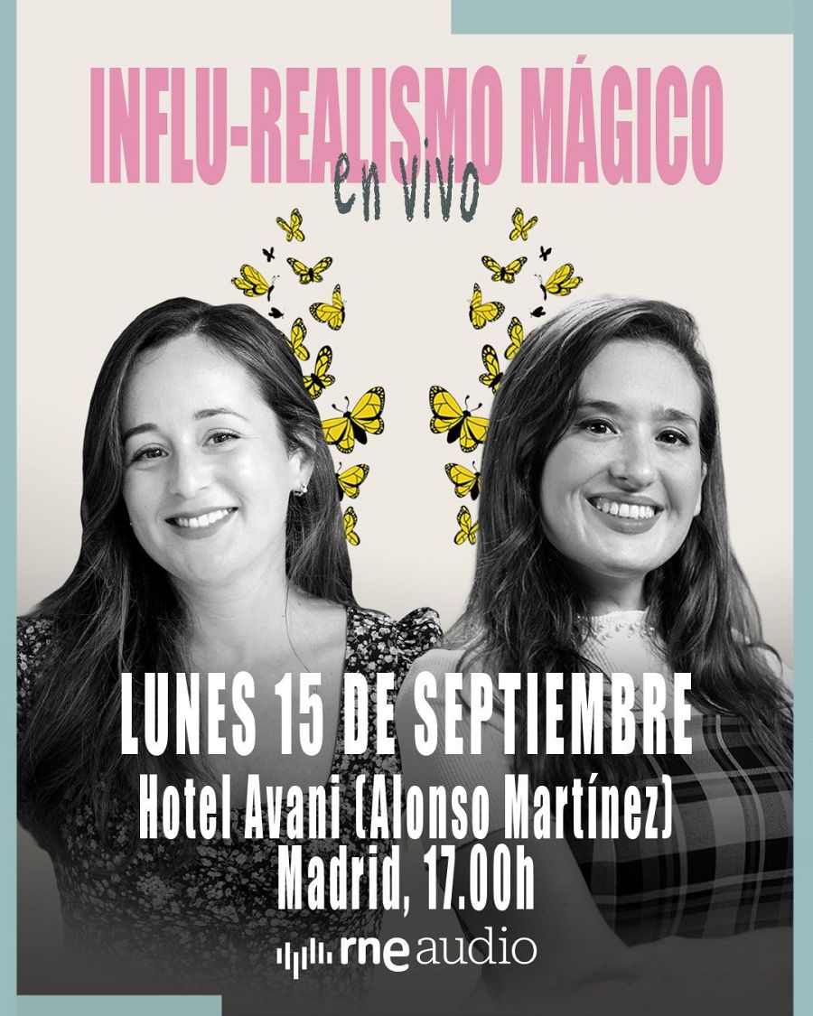 Cartel de evento: dos mujeres sonrientes, mariposas amarillas, fecha, lugar y hora.  Logo de rne audio.