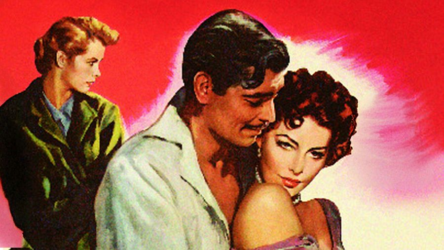 Clark Gable abraza a Ava Gardner, mientras Grace Kelly observa en este cartel promocional de la película clásica 