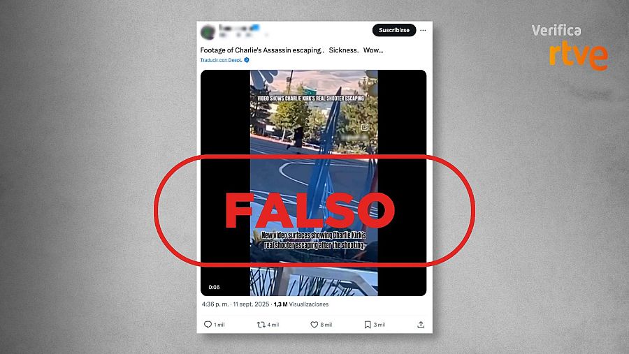 Mensaje que difunde un vídeo de un tiroteo en julio como si mostrase al asesino de Charlie Kirk huyendo