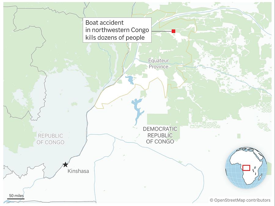 Mapa de la zona donde son recurrentes los naufragios en la República Democrática del Congo