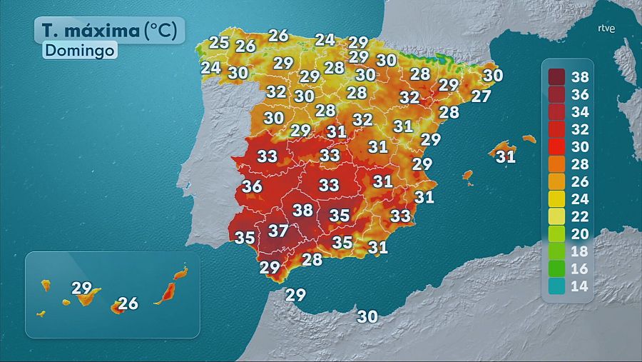 Mapa con la previsión de las temperaturas máximas en la península e islas para el domingo 14 de septiembre