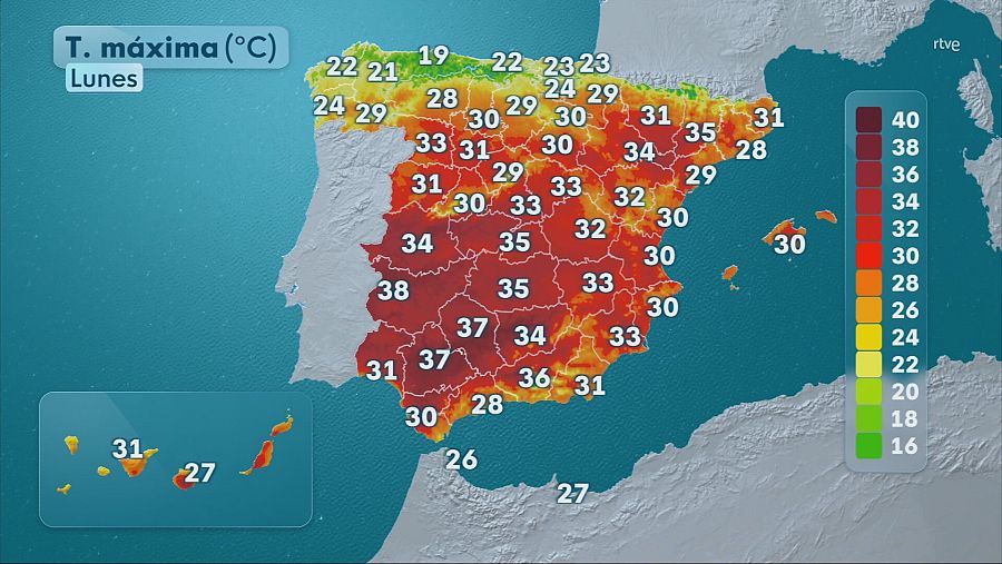Mapa con la previsión de las temperaturas máximas en la península e islas para este lunes 15 de septiembre