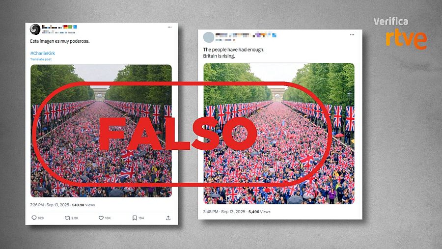 Mensajes que comparten una foto de IA y la presentan como una imagen relacionada con la protesta en Reino Unido