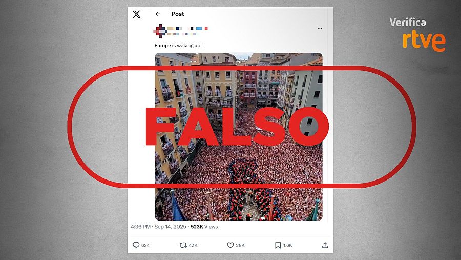 Mensaje que difunde un vídeo de San Fermín y lo presenta como una congregación actual en Europa
