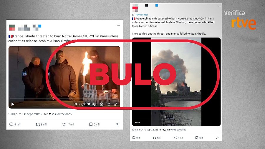 Mensajes que difunden el bulo de que Notre Dame se ha vuelto a incendiar tras una amenaza yihadista