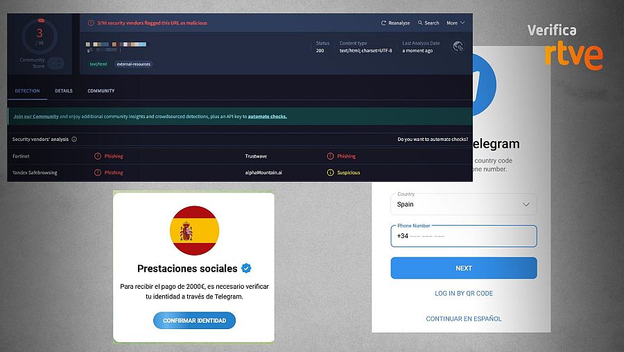 Resultado de VirusTotal que señala un caso de ‘phishing’ e imágenes del enlace fraudulento